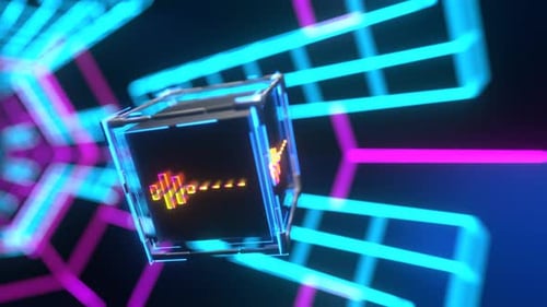 Rotation of a cube in a neon tunnel. cube with an equalizer moves inside a futuristic tunnel. vj-loo