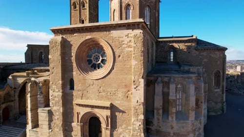Panoramic aerial drone view of typical Gothic architecture La Seu Vella cathedral: vaults, colonnade