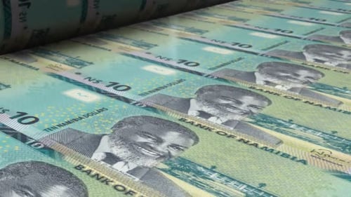 Namibian 10 Dollar Banknotes Being Printed on an Industrial Press
