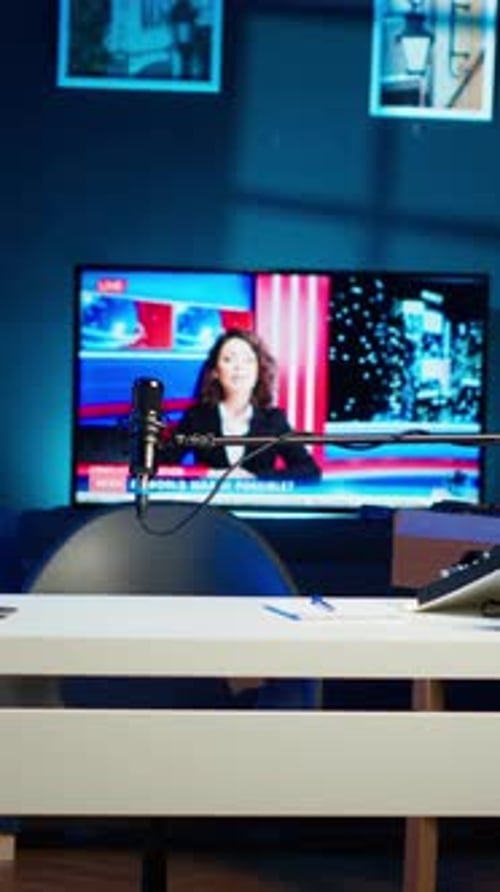 Vertical Video Notebook Device Sitting on Table News Broadcast Running on TV in Background