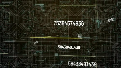 Multiple changing numbers and light trails moving over microprocessor connection on black background