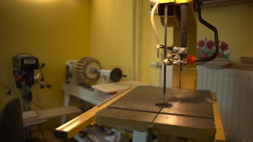 Workshop Cutting Scene Hobbyist Woodworking Space Featuring Equipment And Safety Measures Media