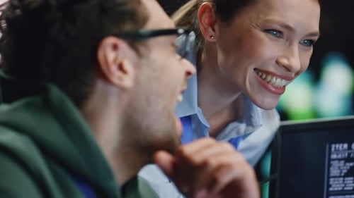 Happy Excited Colleagues Laughing Celebrating Work Success Late Office Closeup