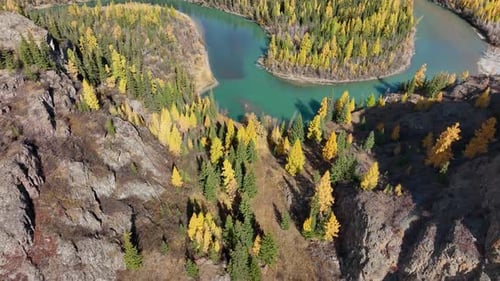 Meandering river in a scenic autumn mountain forest