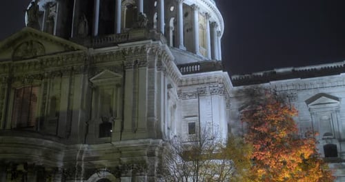 Facade Exterior Of The Anglican Cathedral Of St. Paul's During Night In London, England, UK. Tilt Cl