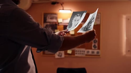 Close Up in the Detective's Office Middleaged Investigator in a Shirt and Tie Examines with a