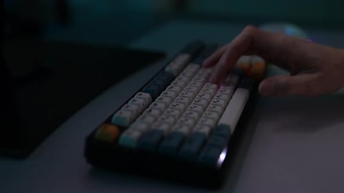 Detail Cropped Shot of Unrecognizable Man Freelancer Male Typing on Wireless RGB Mechanical Keyboard