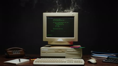Retro Pc with Smoke on Monitor with Loading Code Console Programmer Making Scripts Green Basic