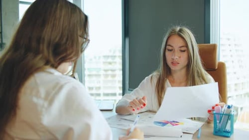 Two Women are Engaged in a Business Meeting Inside a Contemporary Office Space Focused on Discussing