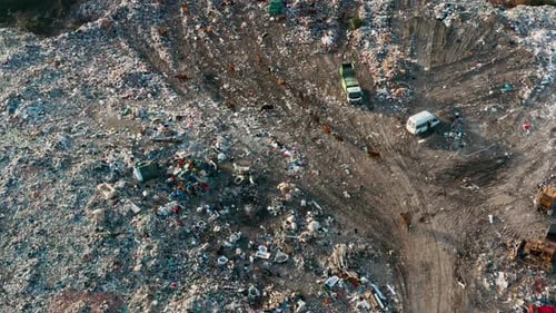 Aerial View of Garbage Pile in Trash Dump with Dump Track Unload Garbage at Landfill Biohazard for