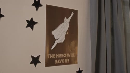 Poster on Wall in Child Bedroom with Popular Comic Action Hero Flying