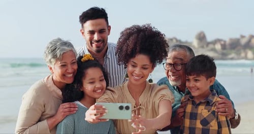 Big family selfie, grandparents or happy kids in beach, sea or ocean on holiday vacation together