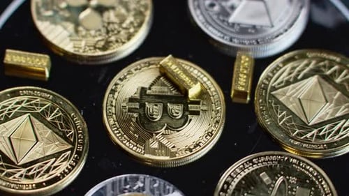 Bitcoin Token, Other Crypto Coins, Gold Bars Rotating Slowly, Top Down View