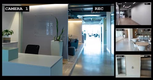 Four security camera views of business offices, cafe, corridor and stairway interiors, slow motion
