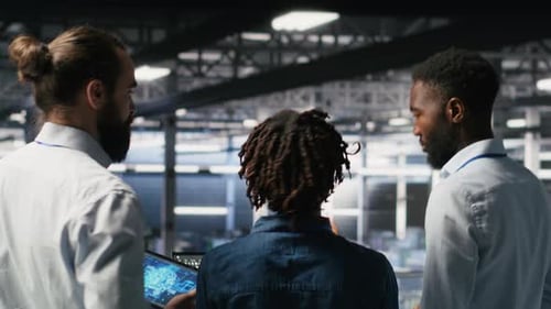 Data Center Manager Talking with Workers Doing Maintenance on AI Supercomputers