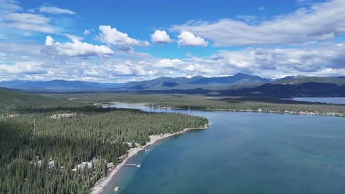 An aerial perspective showcases a dense, verdant forest bordering a calm, blue lake, with a