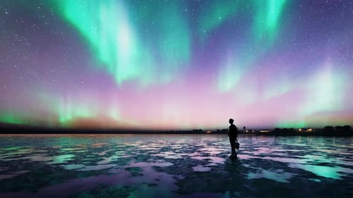 Aurora Borealis over a Silhouette Woman on the Beach 3D Animation