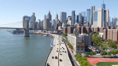 Brooklyn Bridge From Manhattan Bridge New York City Downtown Skyline Financial District Cityscape