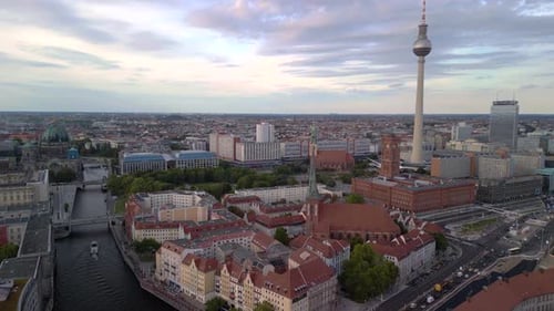 Amazing aerial view flight panorama overview drone
of skyline Berlin city center at summer 2022. 4k