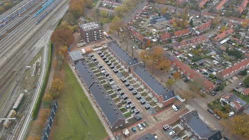 High angle view of rooftops filled with solar panels in a new suburban neighborhood