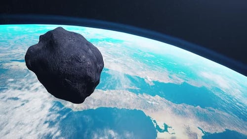 3D Asteroid Moving Past Planet Earth in Space