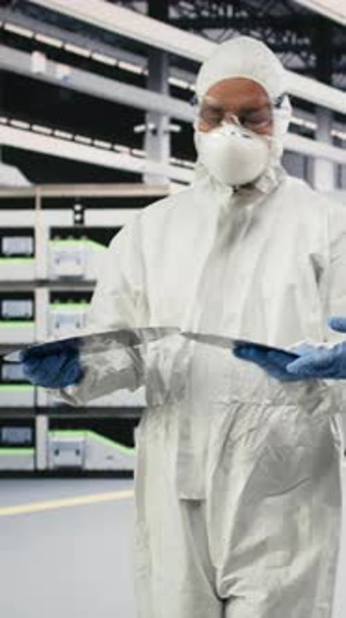 Vertical Video Multiethnic Team of Specialists Holding Processed Silicon Wafer