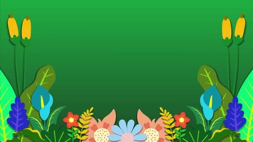 Floral spring cartoon animation with green gradient background