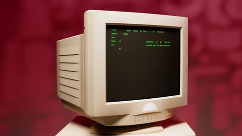 PC retro con código de carga, programador de consola, creación de scripts, pantalla básica verde, antiguo estudio de computación