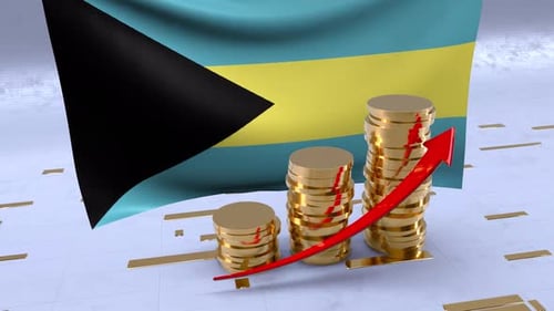 Bandera de Bahamas con torre de monedas de oro y flecha hacia arriba