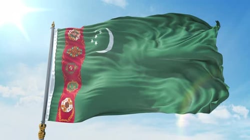 Turkmenistan National Flag Waving in Bright Blue Sky