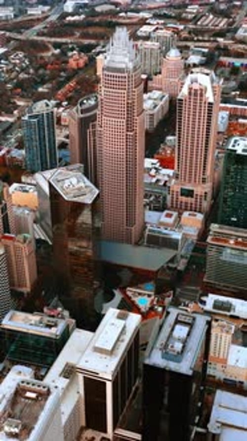 View of a large modern city from aerial perspective.