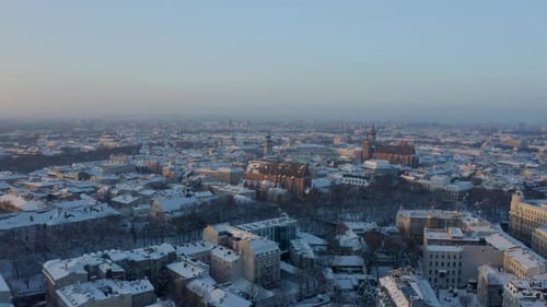 Aerial Old town square in the city of Krakow in winter during Christmas.