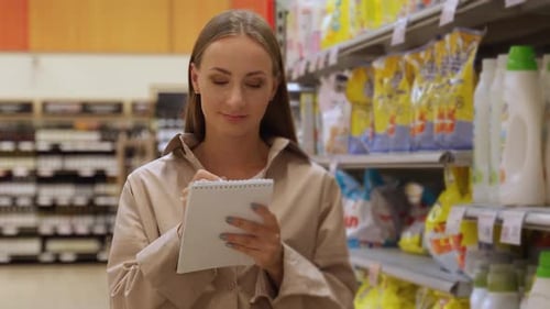 A Woman Stands In A Supermarket Aisle Checking Her