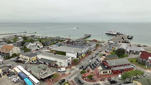 Drone shot of the Oak Bluffs downtown area in Cape Cod, Massachusetts.
