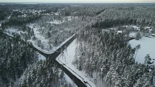 Cars Driving Road Through Snowy Winter Forest