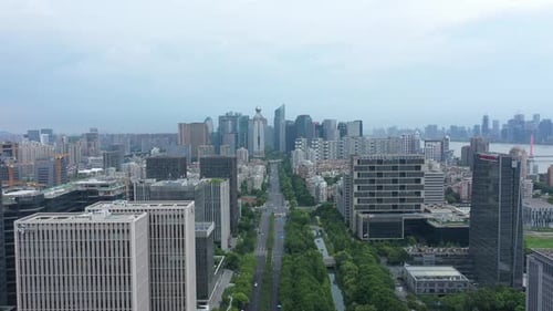 Aerial View of a Bustling City with Modern Skyscrapers Hangzhou China