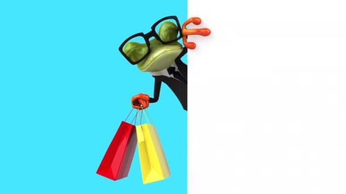 Lustiger 3D-Cartoon-Frosch mit Einkaufstaschen, Alpha-Kanal im Lieferumfang enthalten