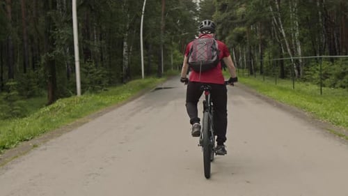Man with Backpack Cycling on Forest Road