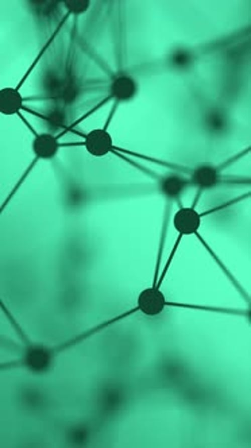Abstract 3D network of connected dots and lines on a teal background.