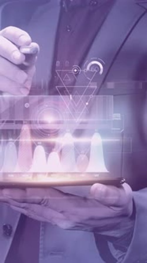 Businessman Works with Infographics in the Virtual Panel of the Phone