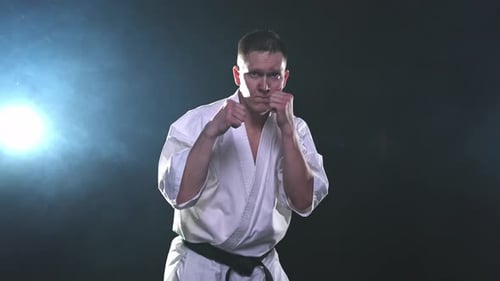Man Practicing Karate Punches in Studio, Mid Shot
