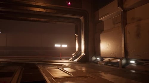 Interior View of a Space Station with Metallic Walls and Subdued Lighting