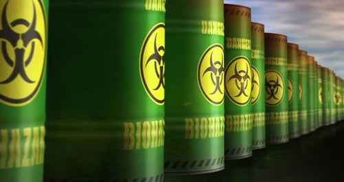 Biohazard and biological waste barrels in row endless