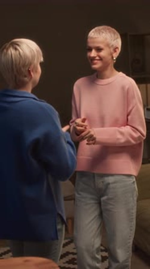 Two Friends Talking and Gesturing Indoors