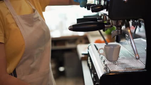 Young Female Working Inside Cafeteria Bakery While Making Coffee Wearing Gloves And