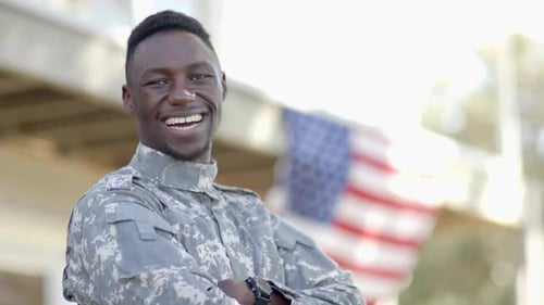 Smiling Soldier in Uniform With American Flag