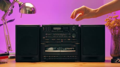 Retro Radio Tape Recorder Audio Cassette Closeup Listening to Music Old Radio Boom Box Player Macro