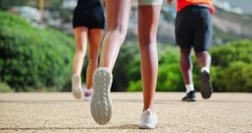 Sneakers, running and people with fitness, nature and cardio with exercise, dirt road and workout