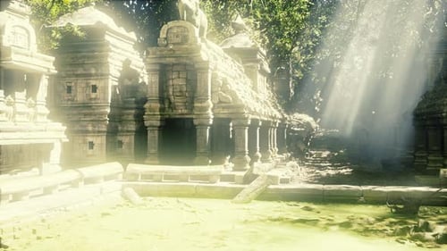 Sunshine Bathes Ancient Temple Courtyard with Detailed Activity