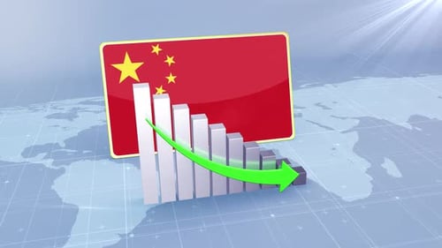 China Flag With Decrease Bar Chart Graph And Arrow Green